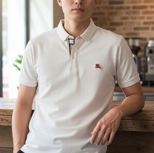 Burberry Vintage White Polo 100% Cotton Shirt with Red Knight Logo